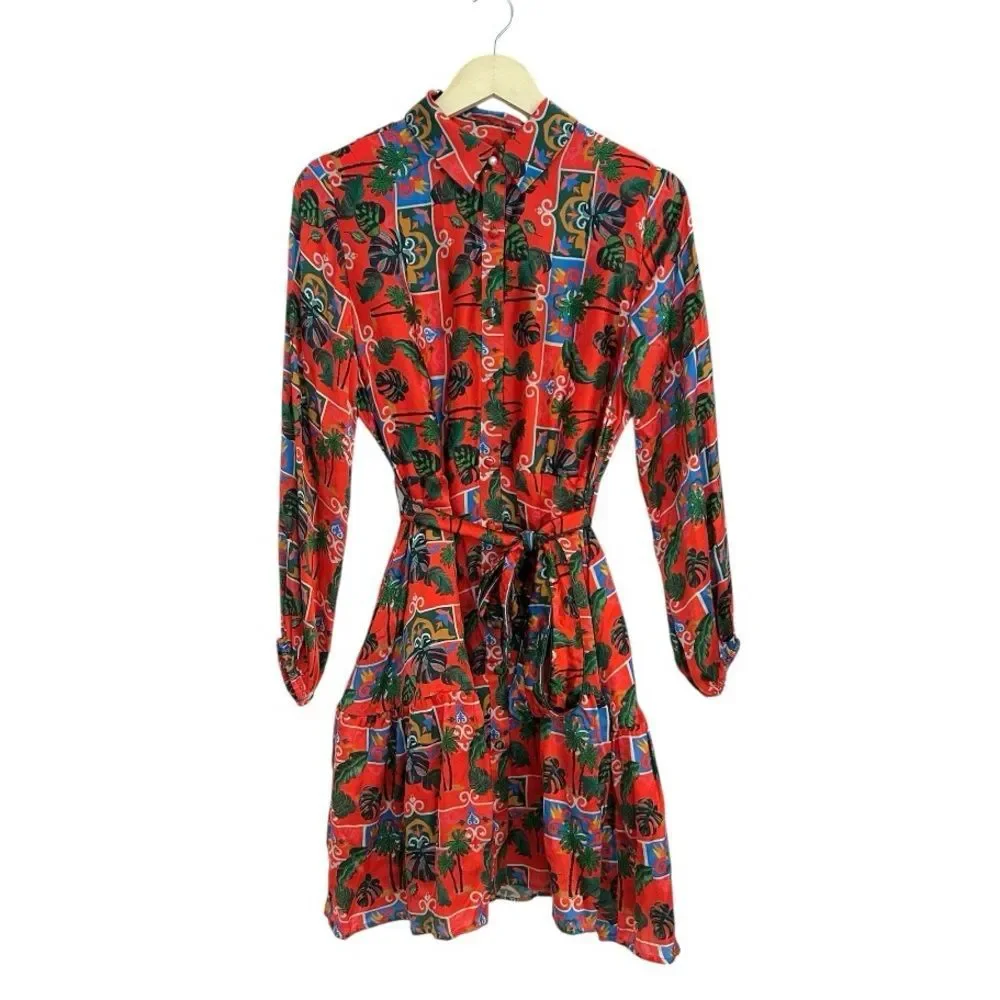 Emily Lovelock Alice Silk Red Print Button Down Dress, Size‎ Medium